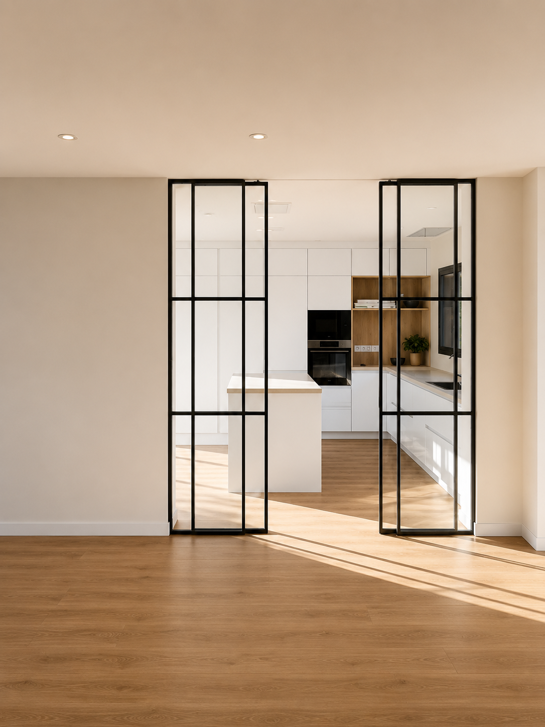 Salón con suelo de roble y vidriera negra tipo crittall hacia la cocina blanca